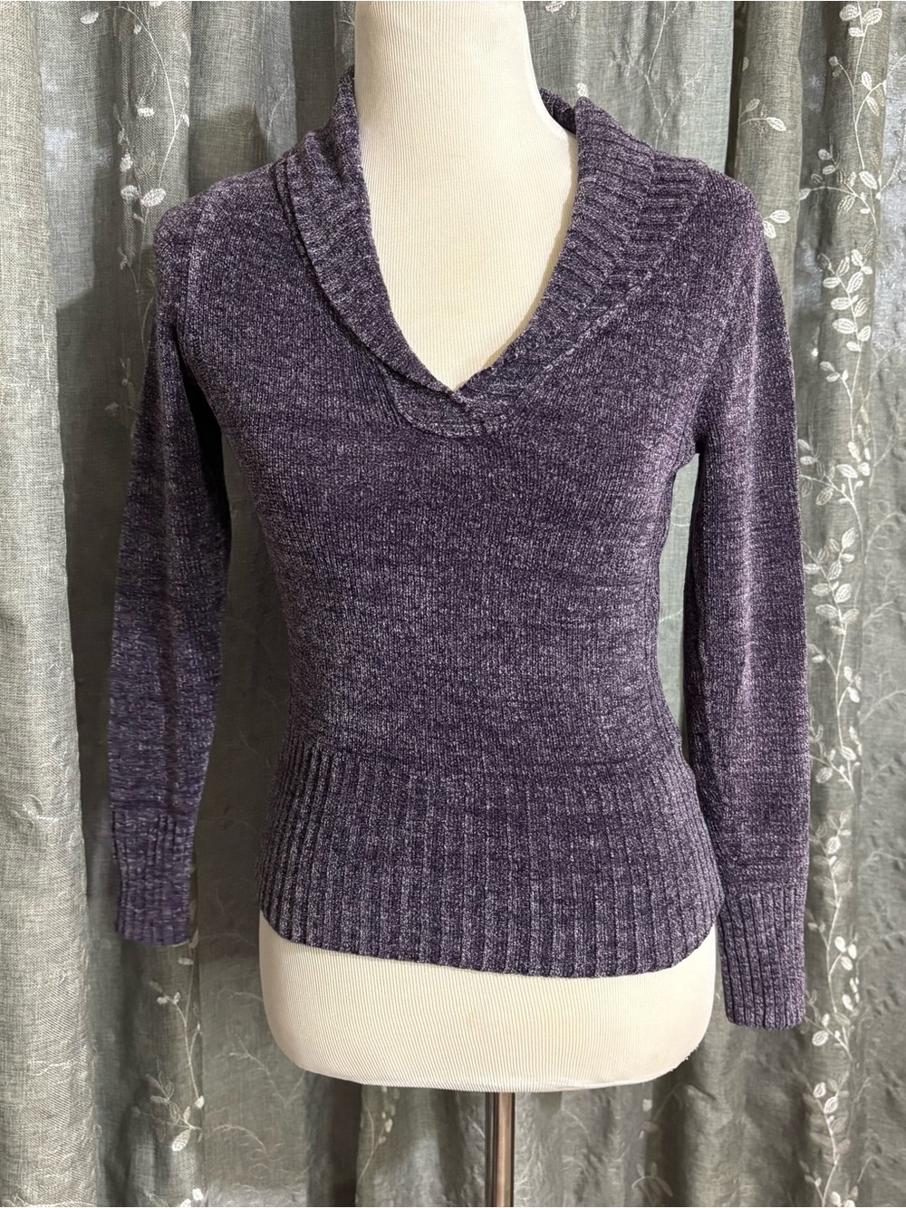 Y2K SO Purple Chenille V-Neck Turtleneck-Style Sweater